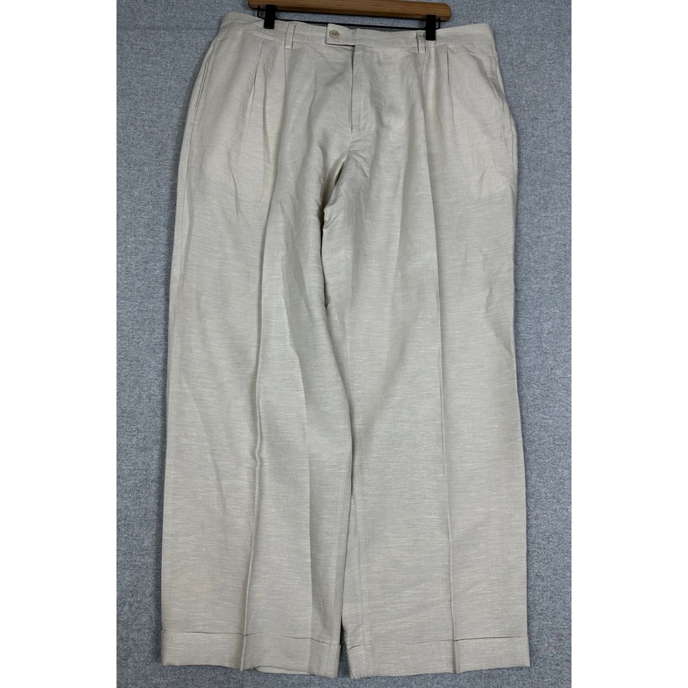 Louis Raphael Dress Pants Mens 38x30 Ivory Pleated Linen Blend Cuffed